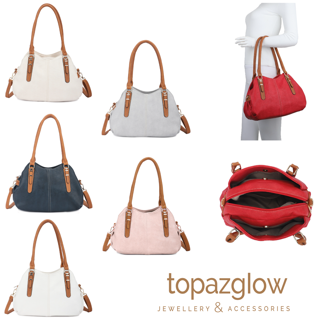 Tan handle handbag - wear on your shoulder or crossbody with strap - made from recycled materials