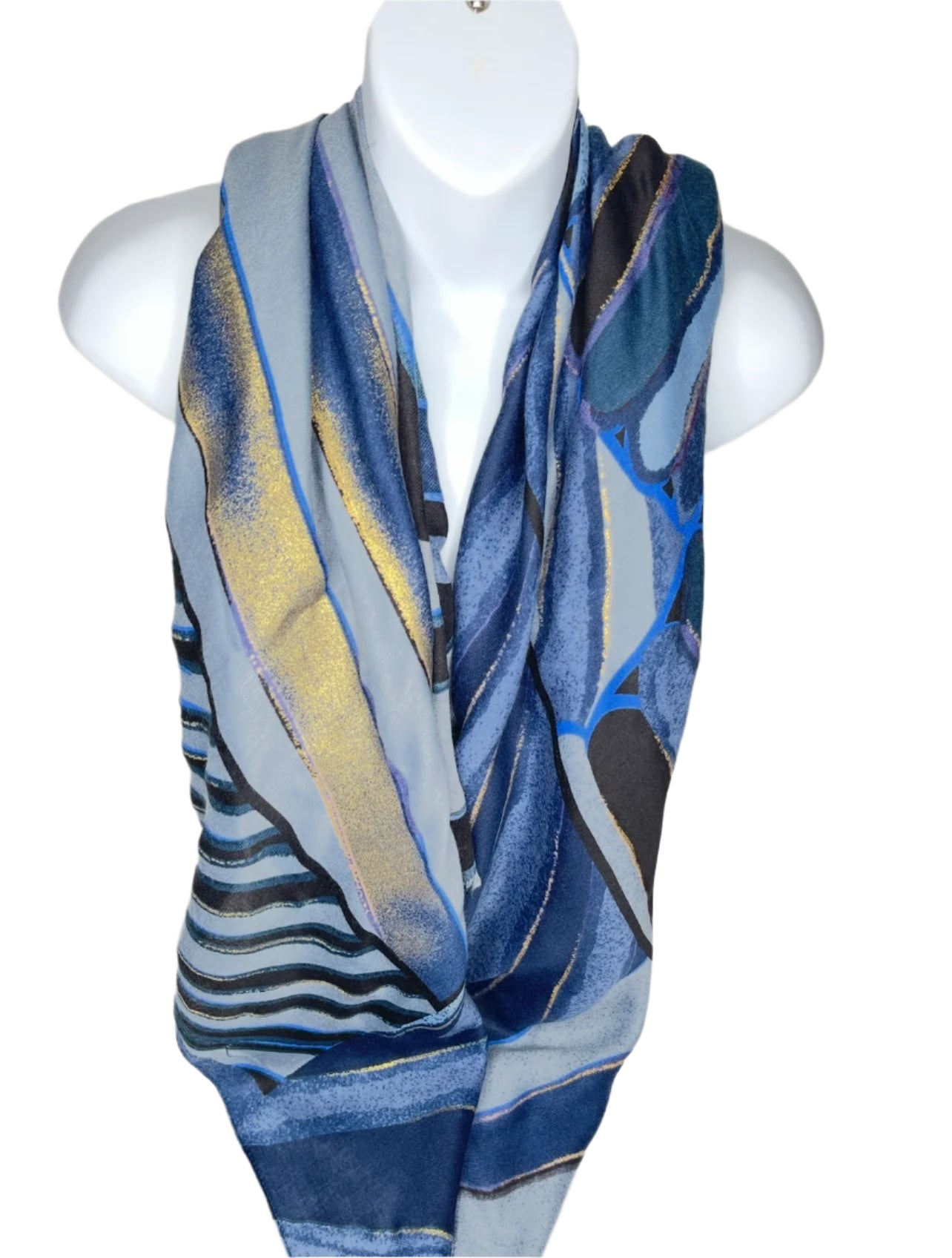 Blue, gold and black abstract printed scarf