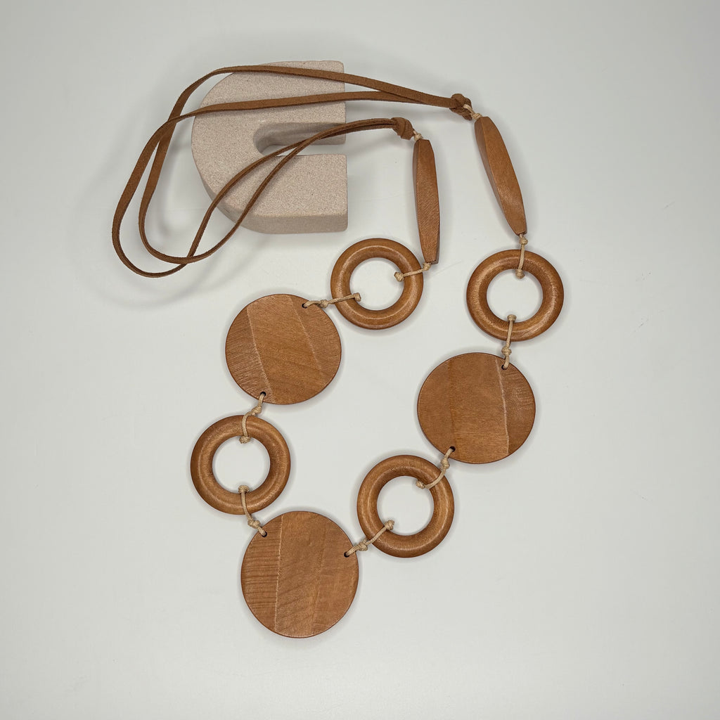 Long mahogany brown necklace, with wooden circular stations