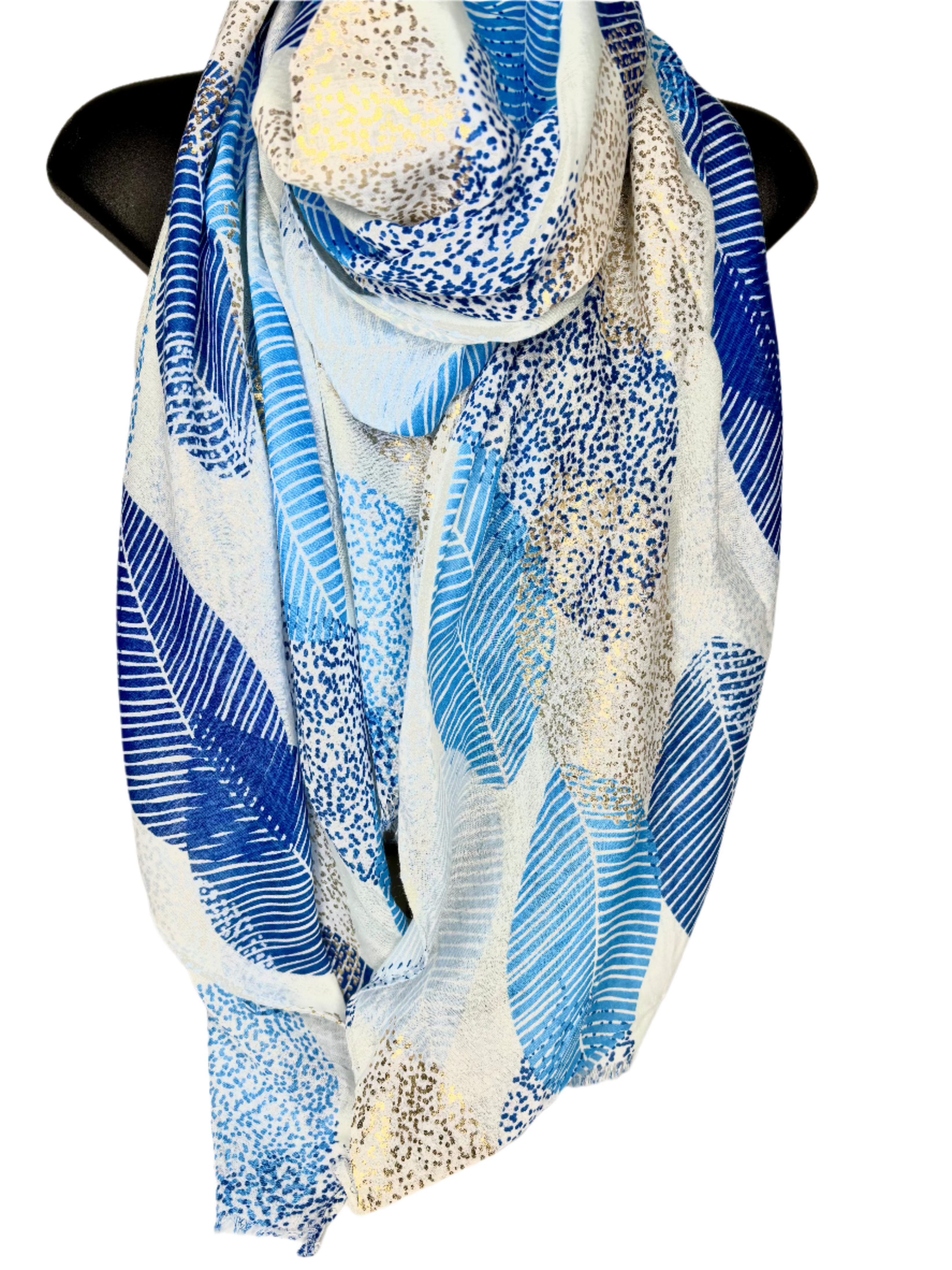 Blue, navy and gold foil leaf printed scarf