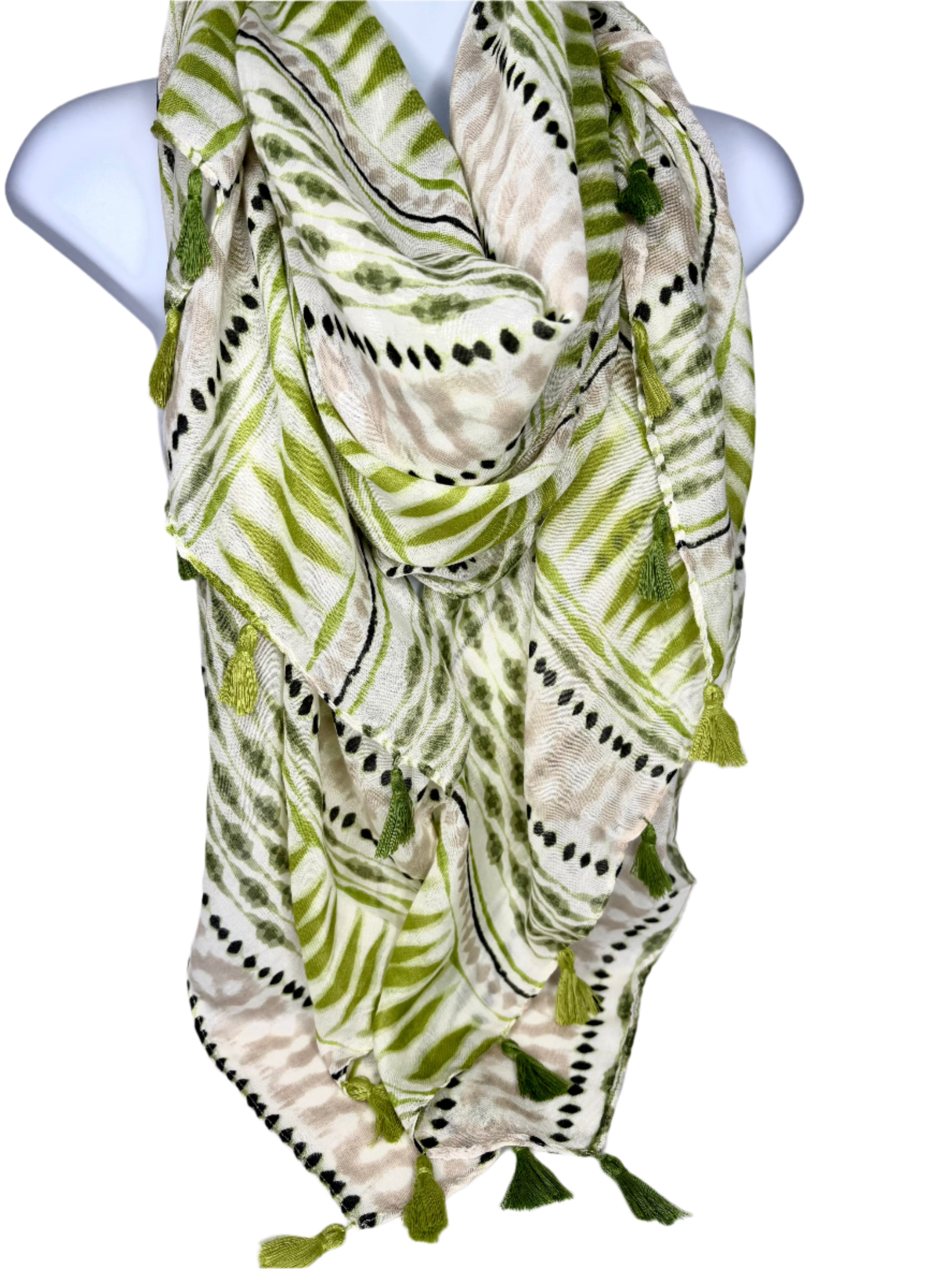 Green, lime and natural leaf printed scarf