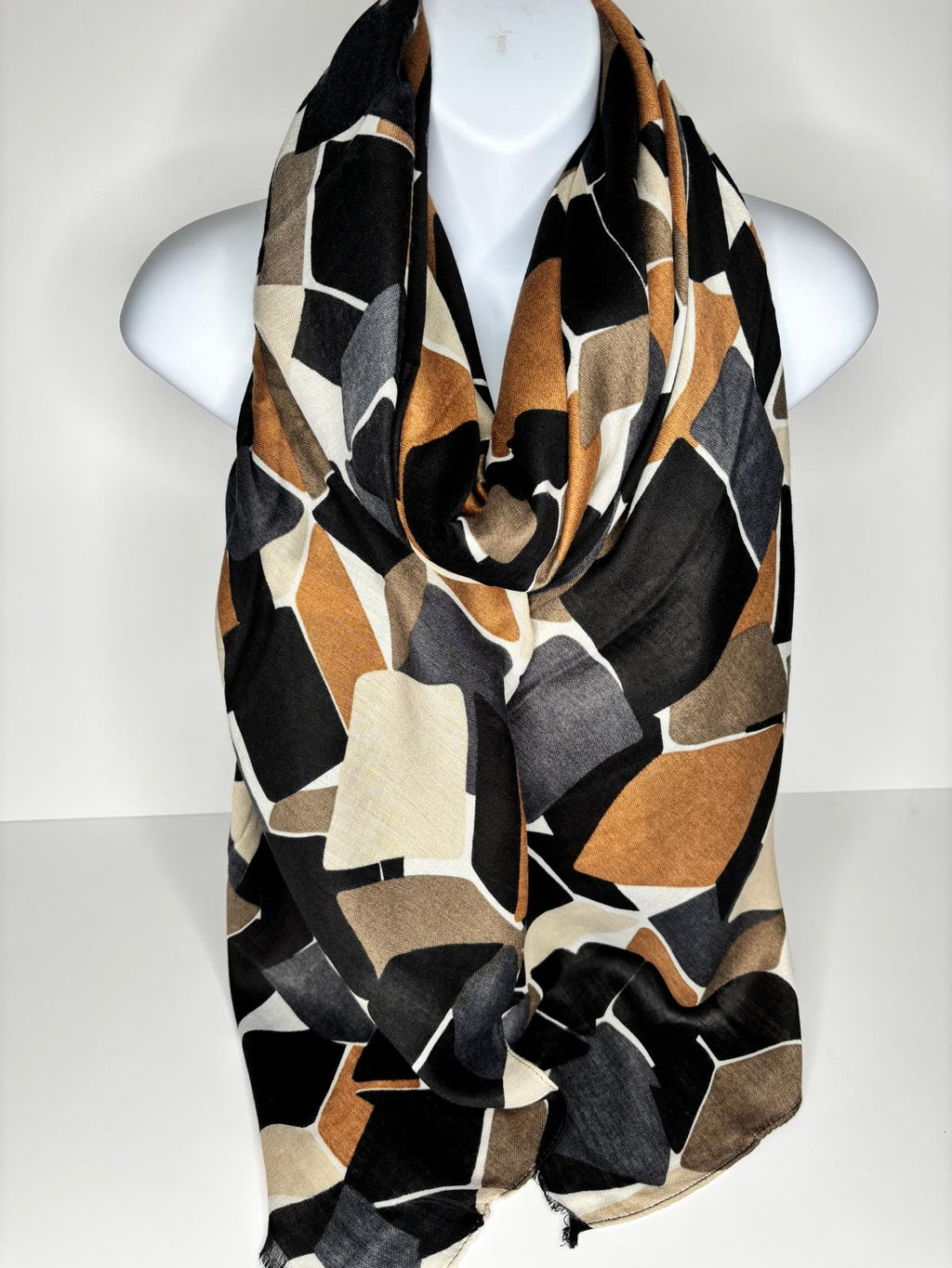 Tan, brown, grey and black block printed scarf