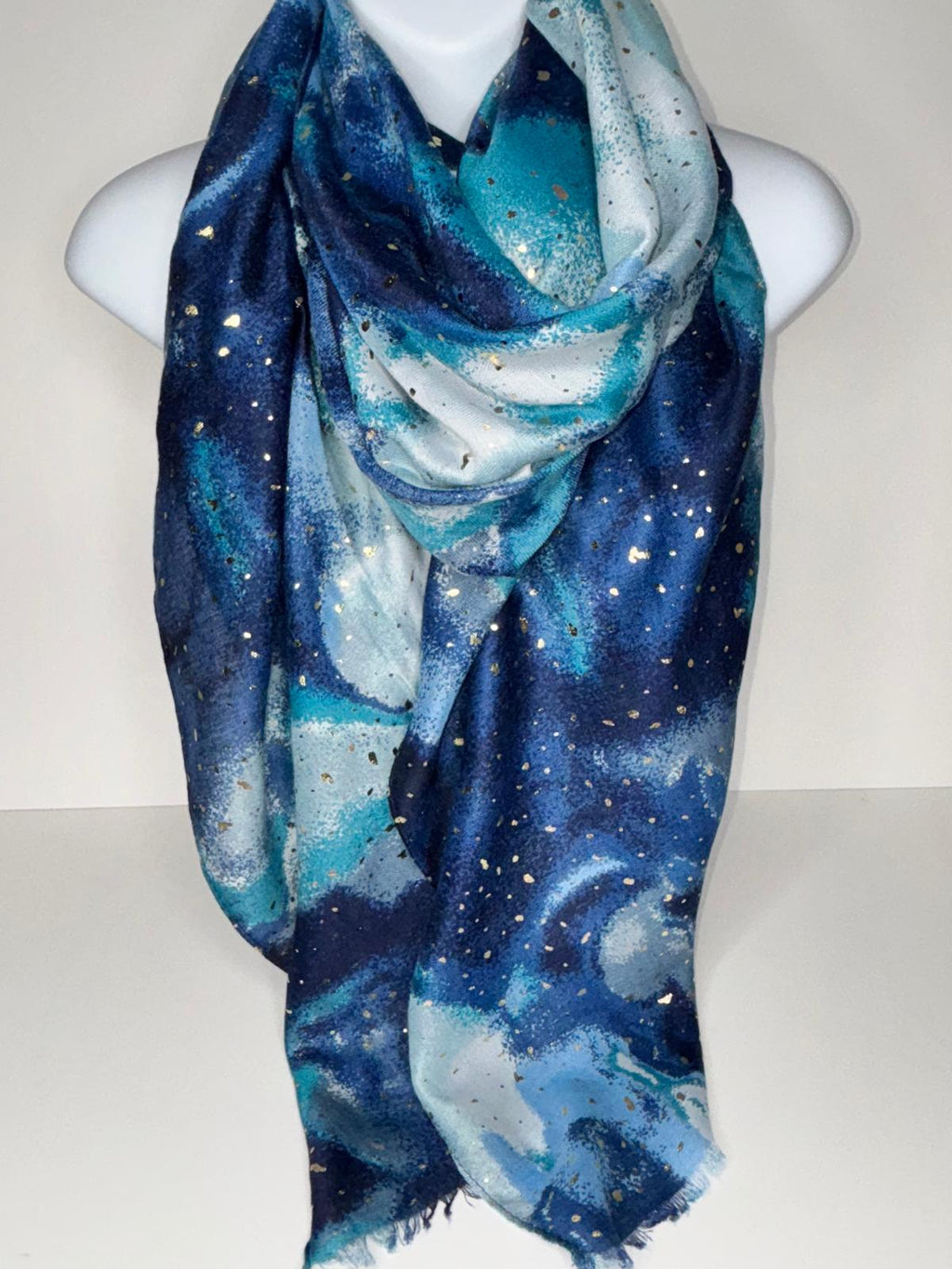 Navy, turquoise and mid blue silver foil printed scarf