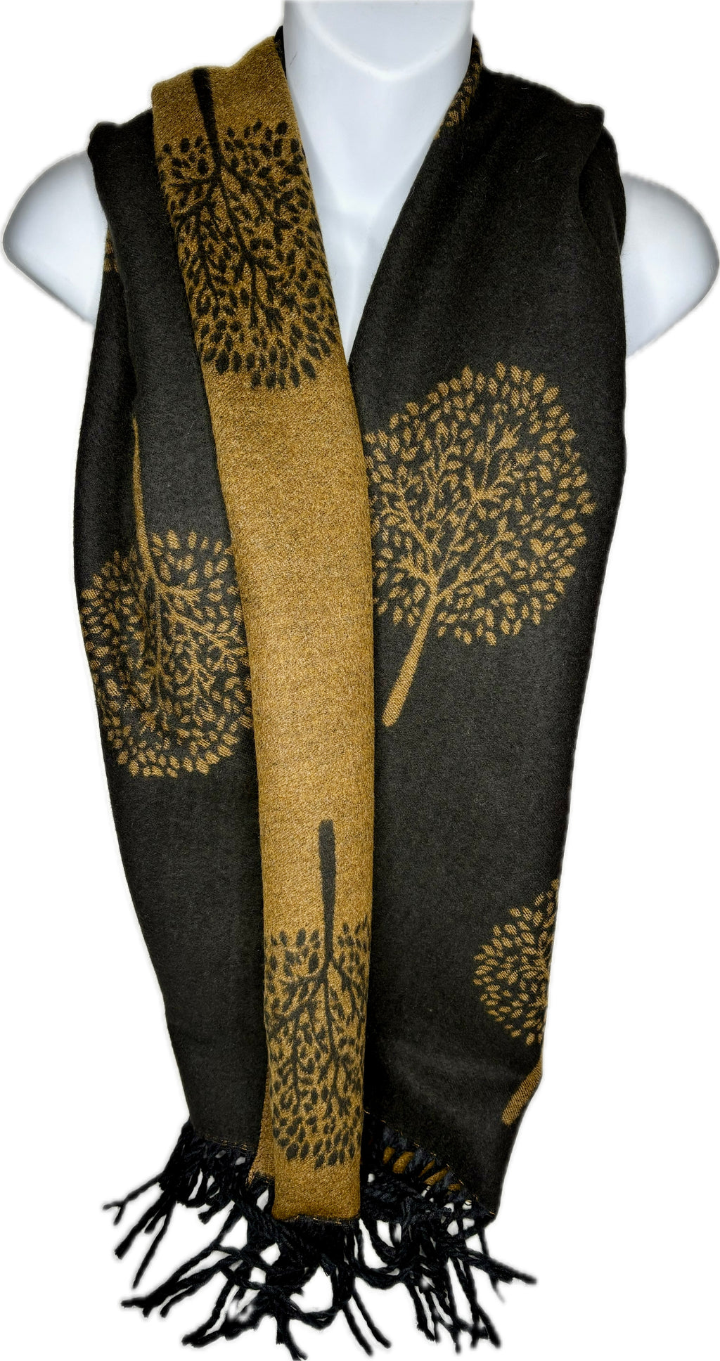 Super soft, cashmere blend, reversible tree of life print scarf in black and tan