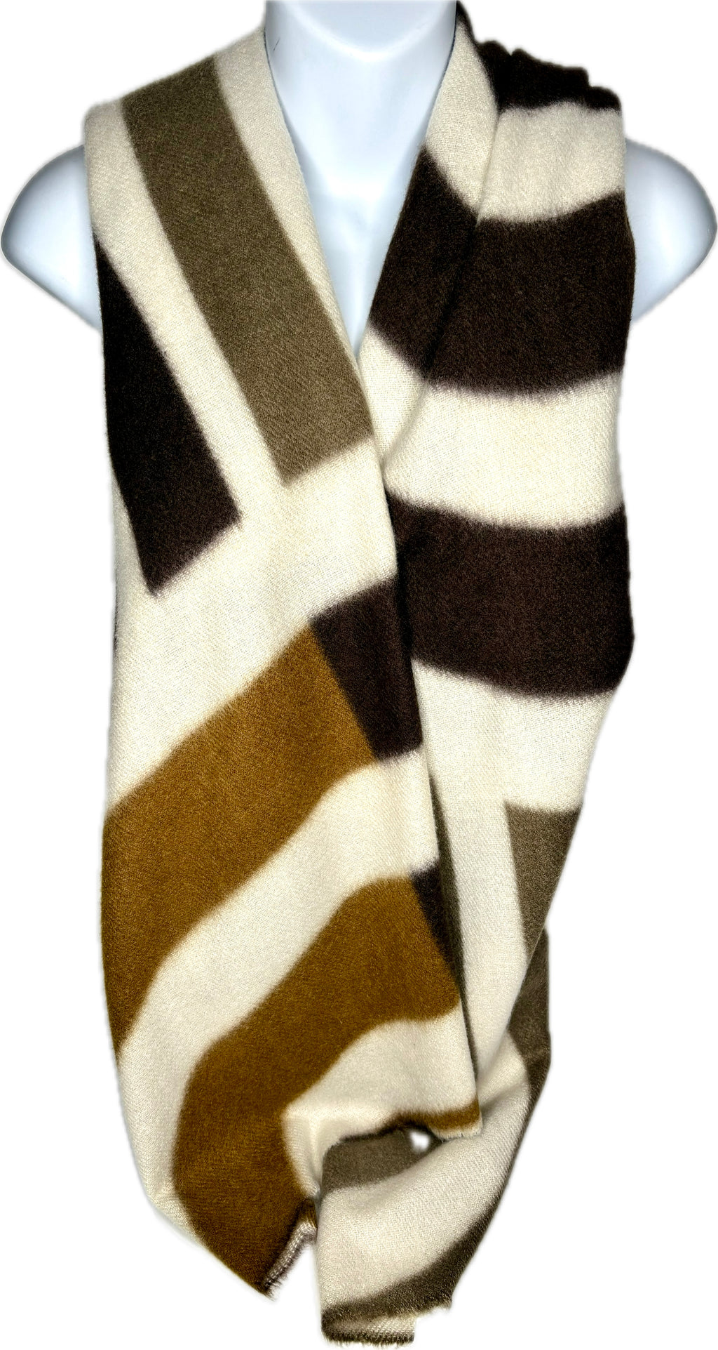 Super soft, wool-mix, chocolate brown, tan and cream block print scarf