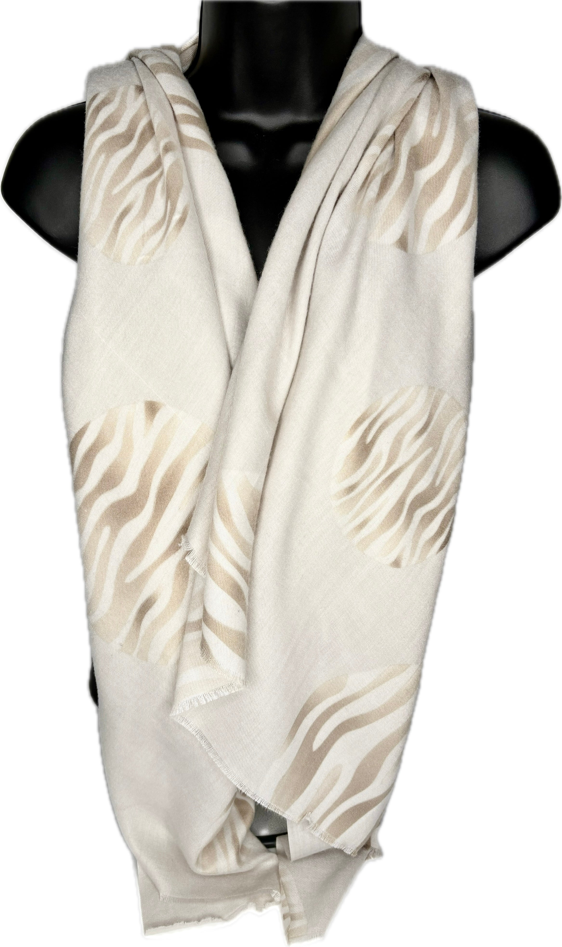 Super soft, winter white and taupe zebra print scarf