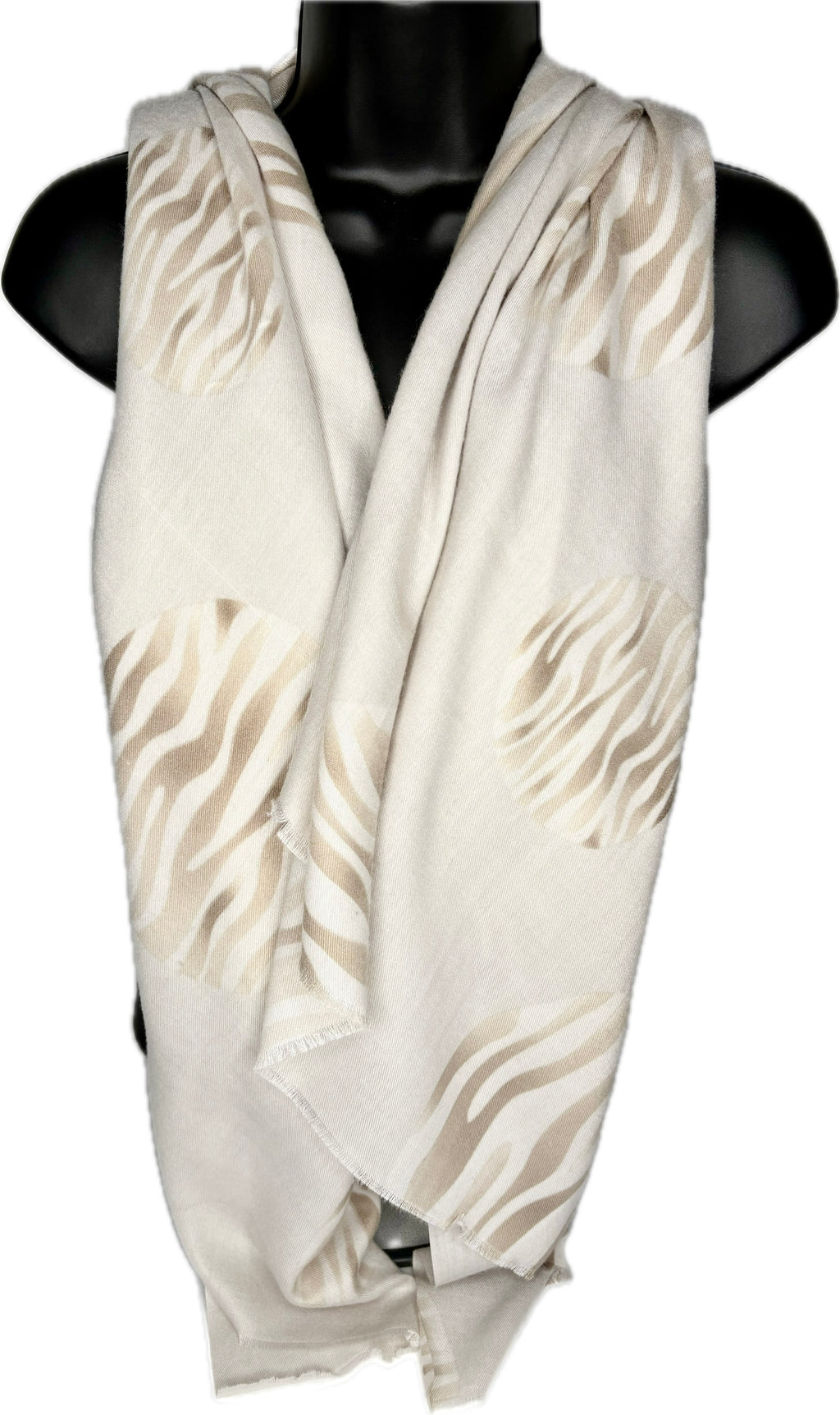 Super soft, winter white and taupe zebra print scarf