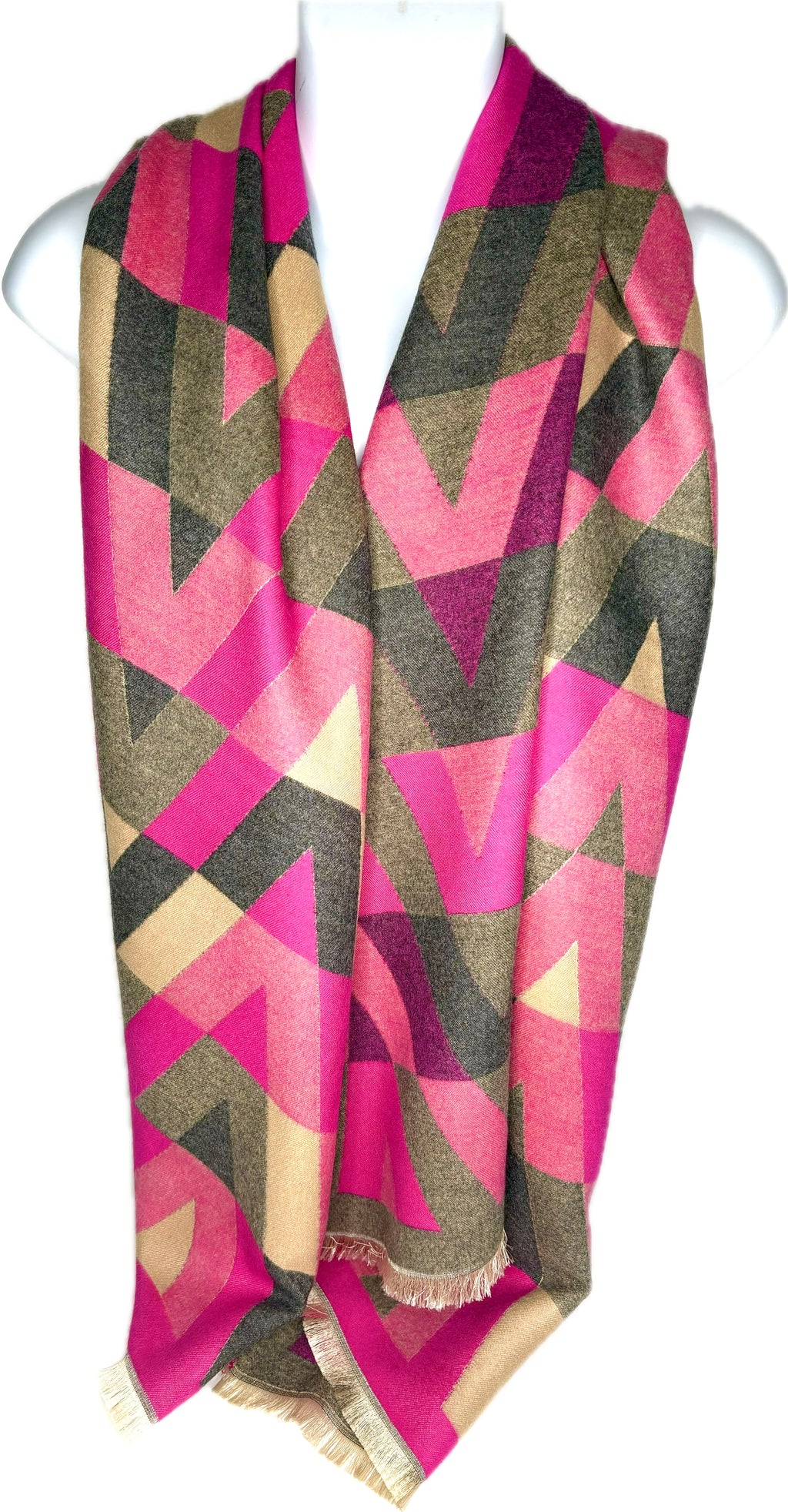 Super soft, wool blend, reversible fuchsia, grey, pink and cream harlequin print scarf