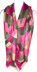 Super soft, wool blend, reversible fuchsia, grey, pink and cream harlequin print scarf