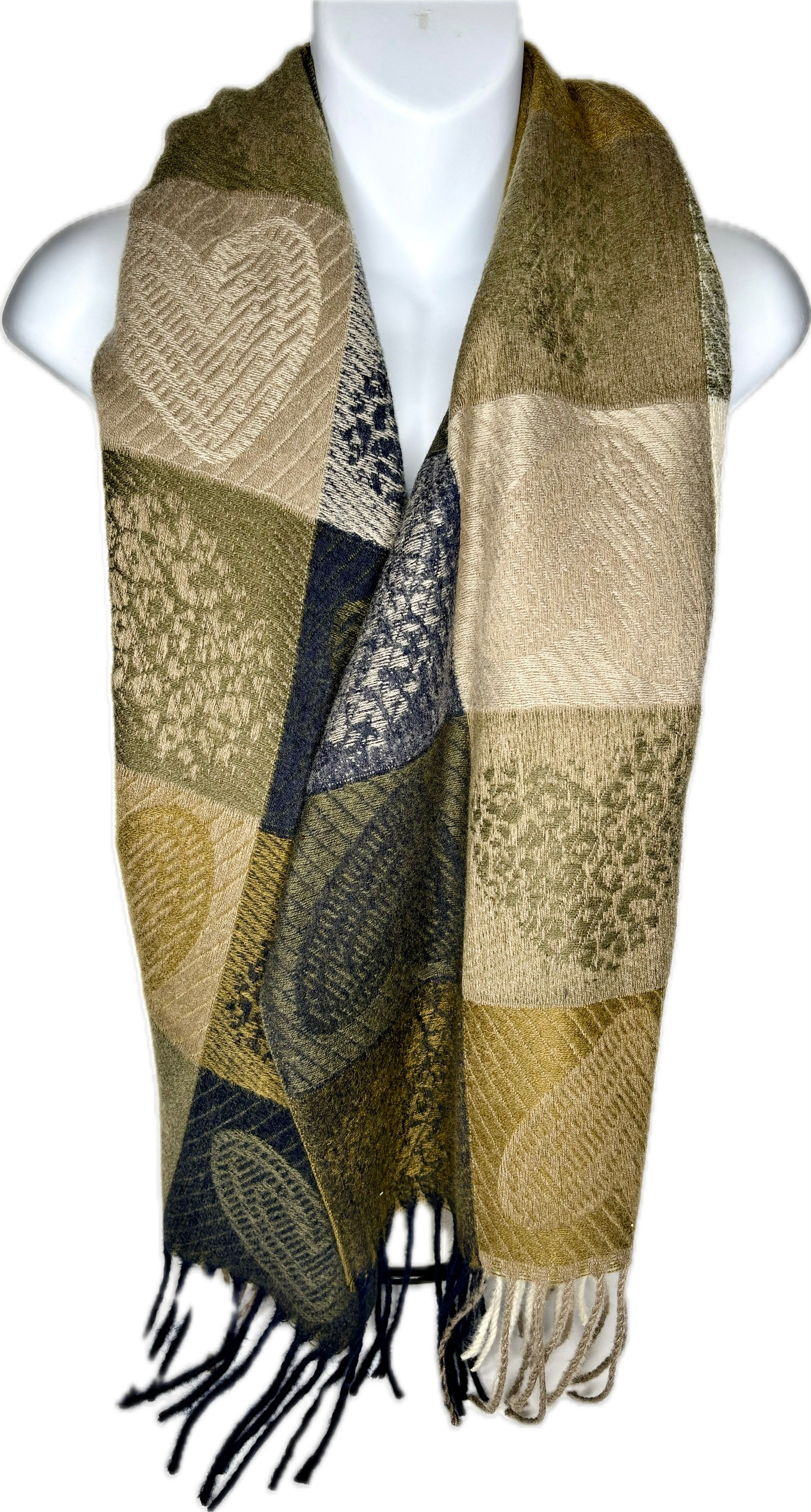 Super soft, wool blend, checkered animal print / heart print scarf in shades of green and navy
