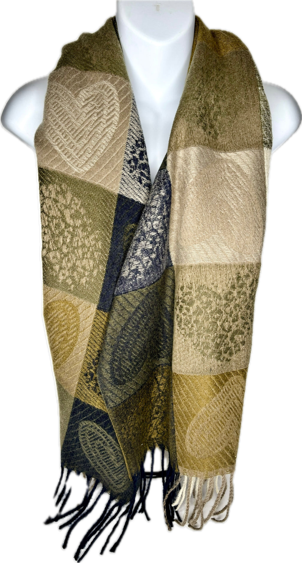 Super soft, wool blend, checkered animal print / heart print scarf in shades of green and navy