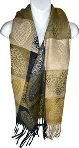 Super soft, wool blend, checkered animal print / heart print scarf in shades of green and navy