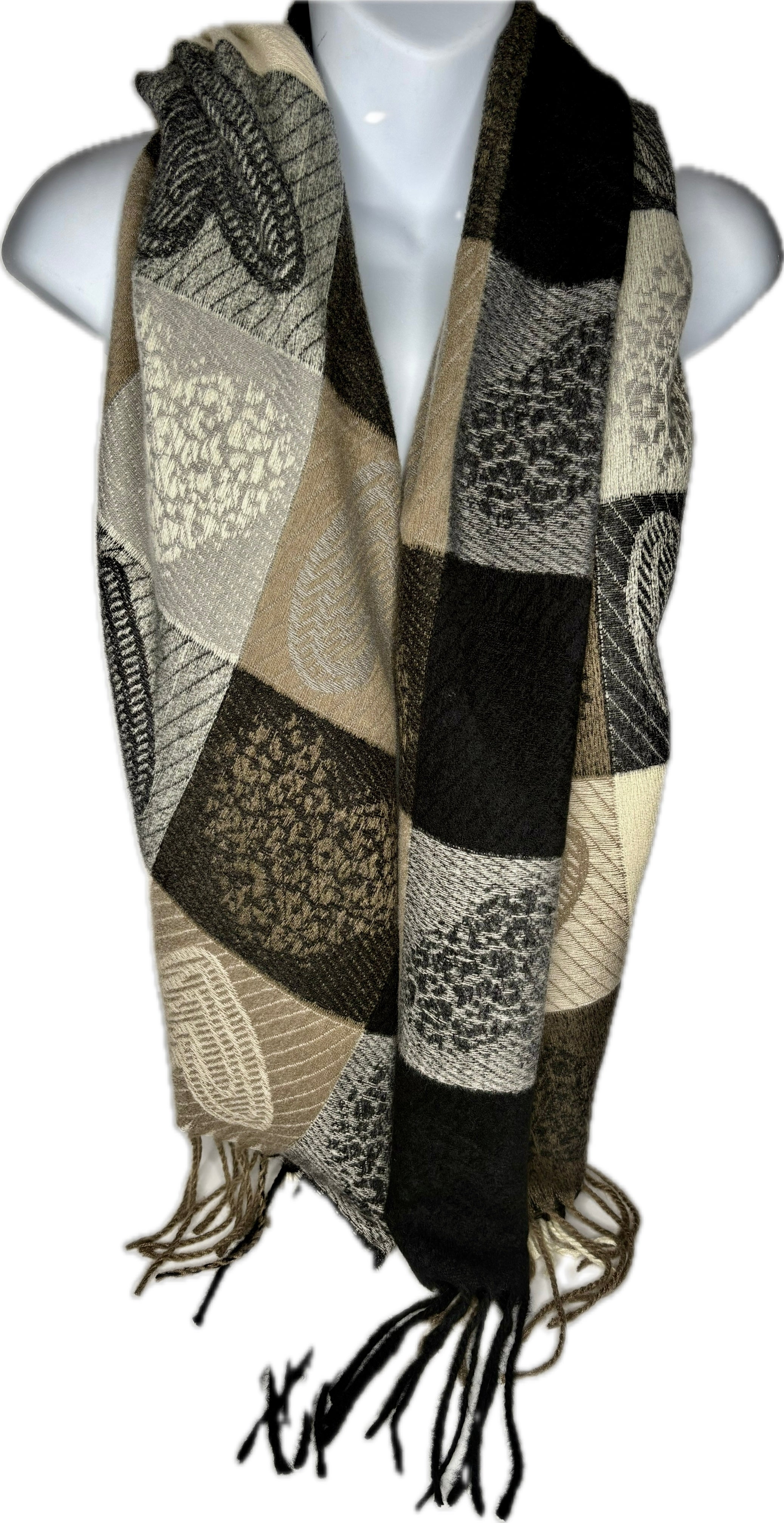 Super soft, wool blend, checkered animal print / heart print scarf in shades of taupe, cream and black