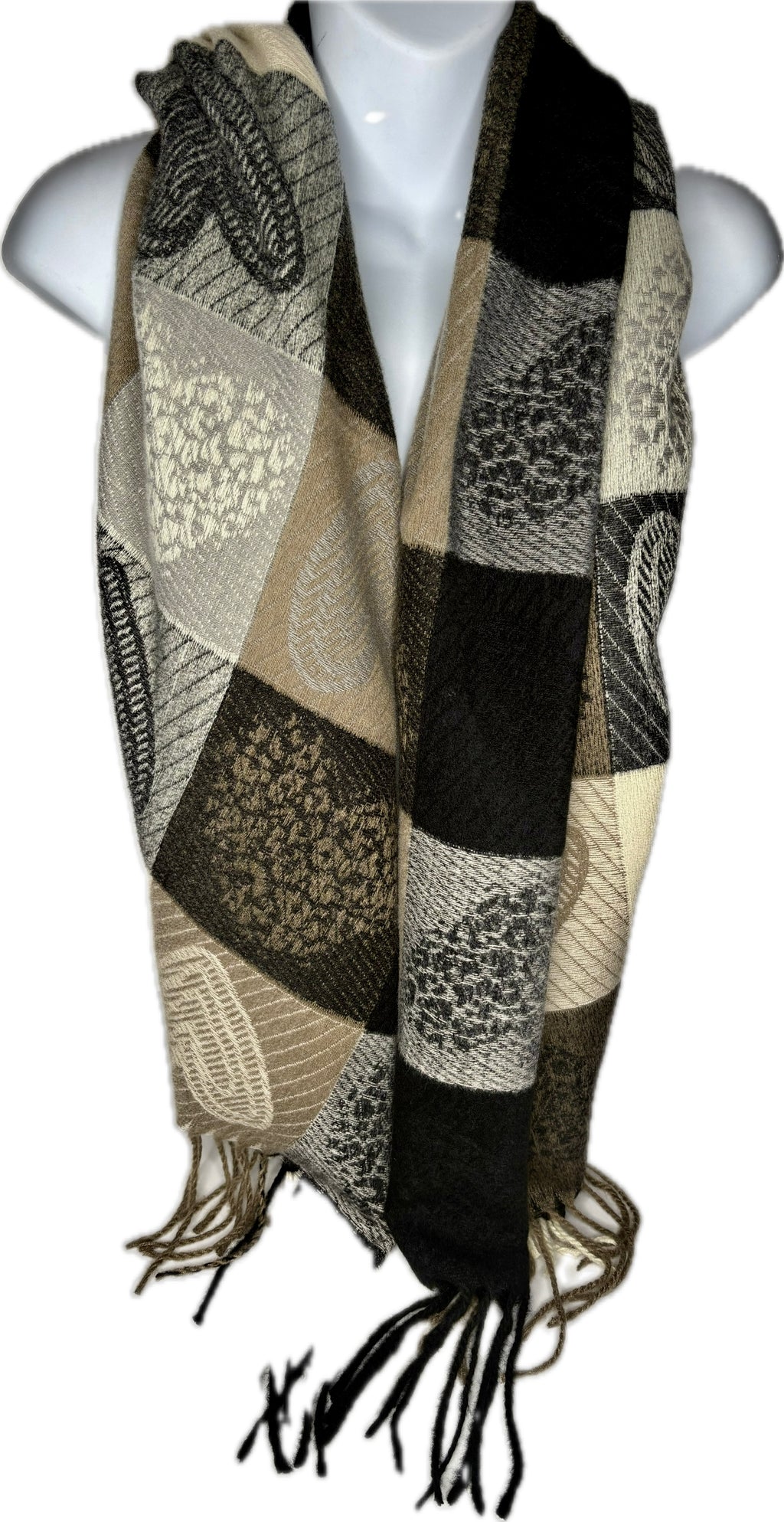 Super soft, wool blend, checkered animal print / heart print scarf in shades of taupe, cream and black