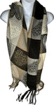 Super soft, wool blend, checkered animal print / heart print scarf in shades of taupe, cream and black