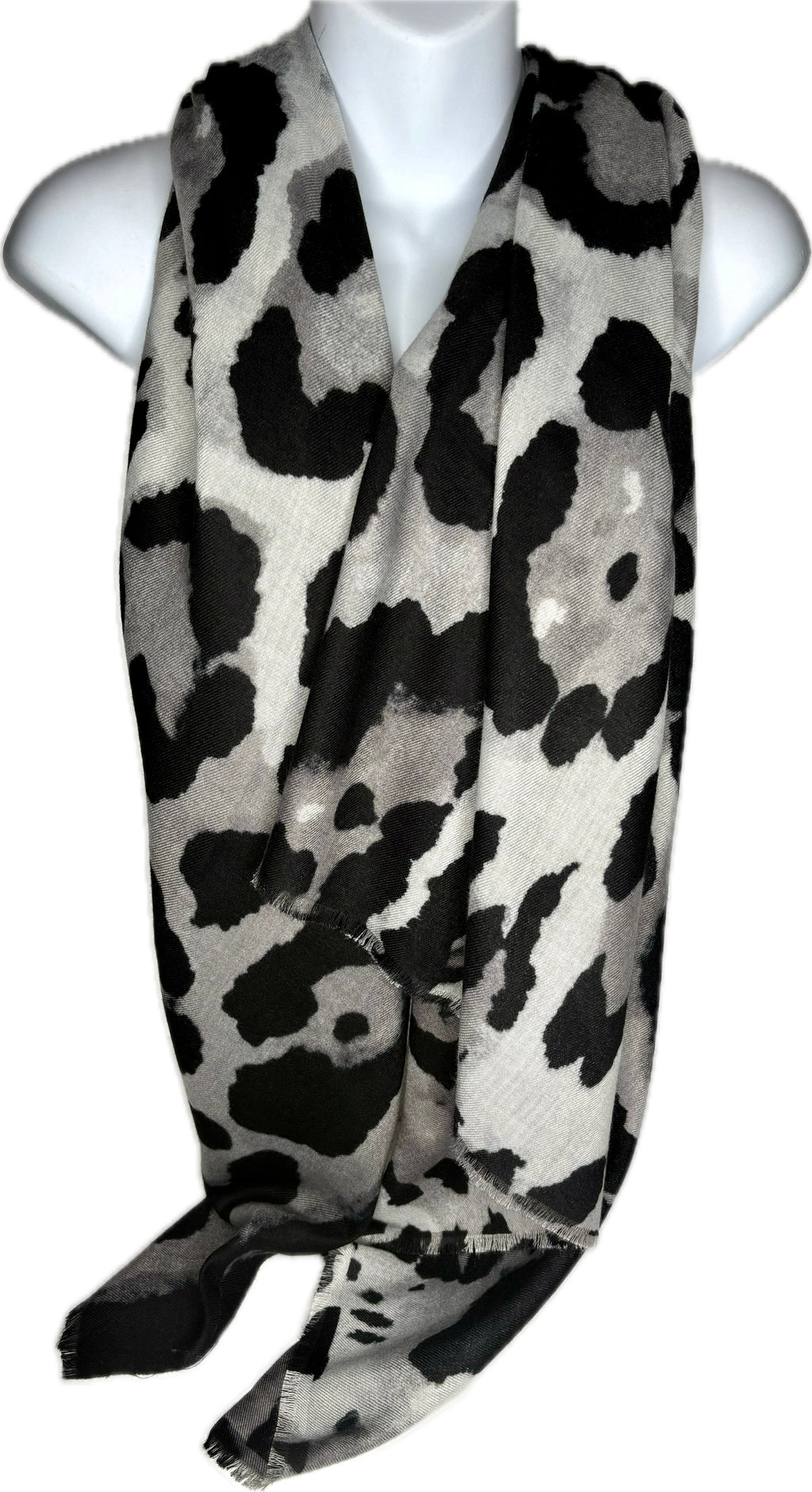 Super soft, wool-mix, grey and black leopard print scarf