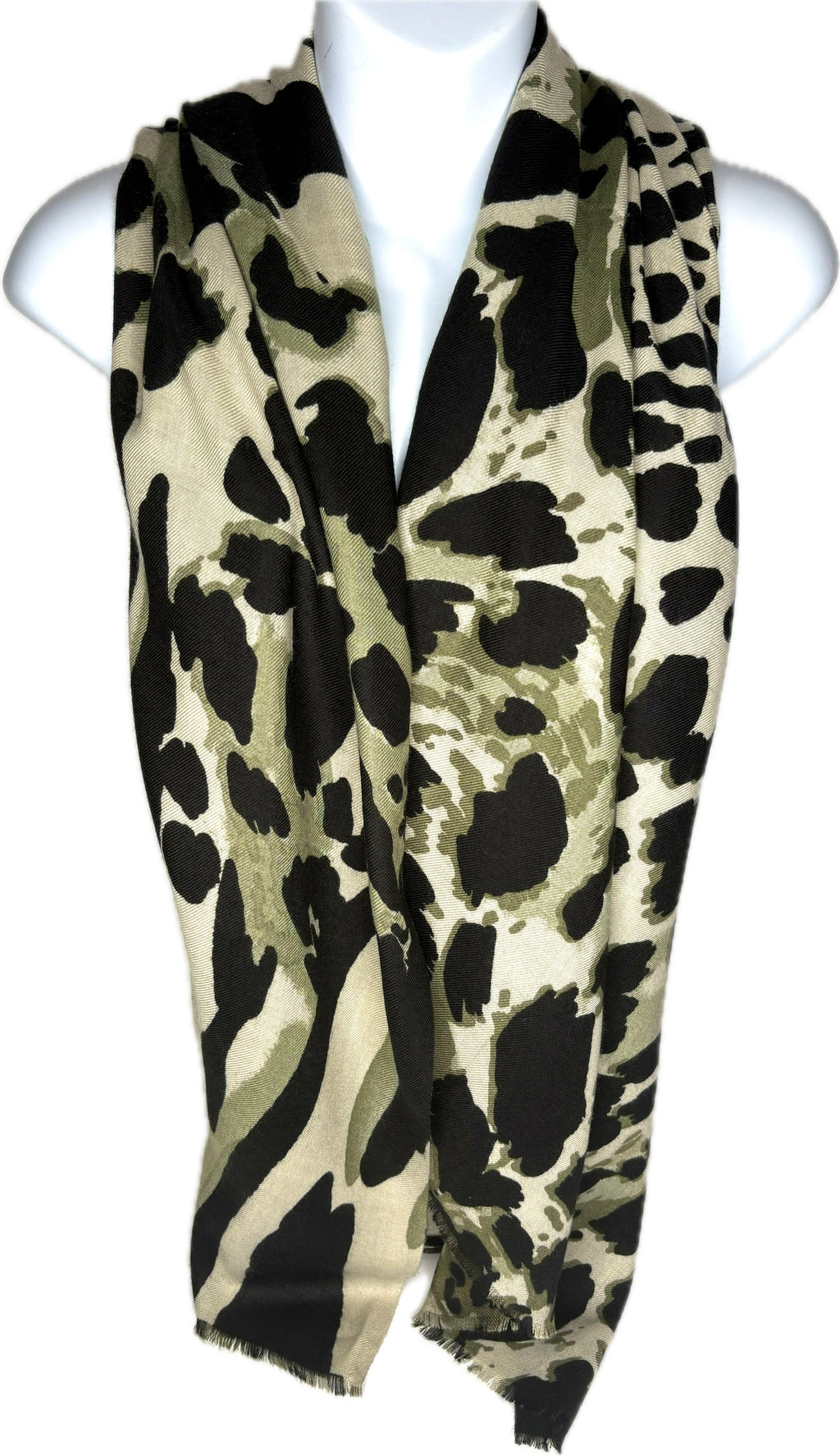 Super soft, wool-mix, green and black leopard print scarf