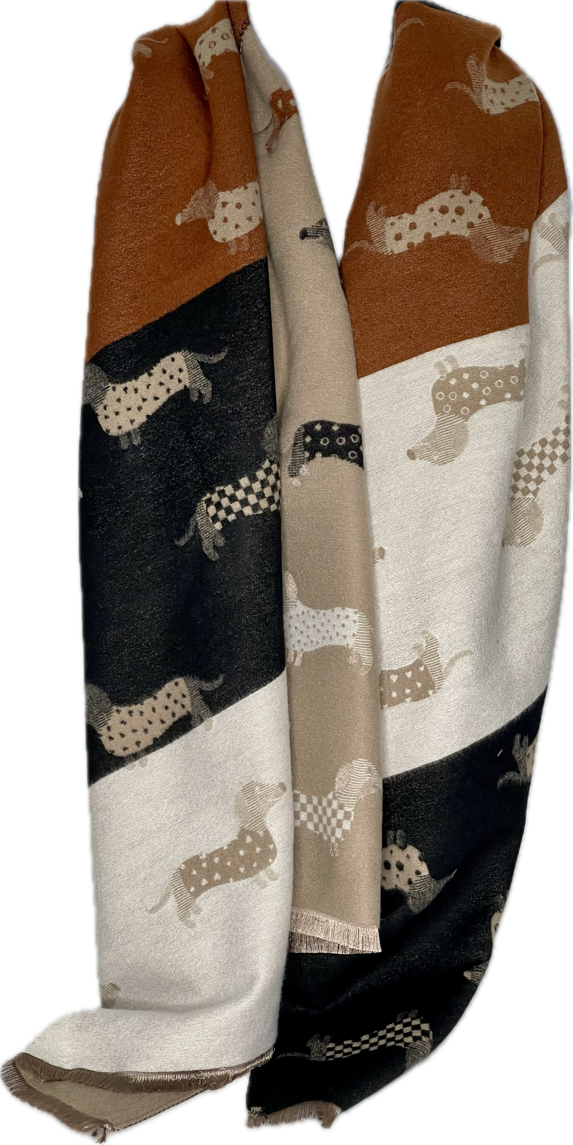 Tan, black, beige and cream dachshund/sausage dog print reversible scarf
