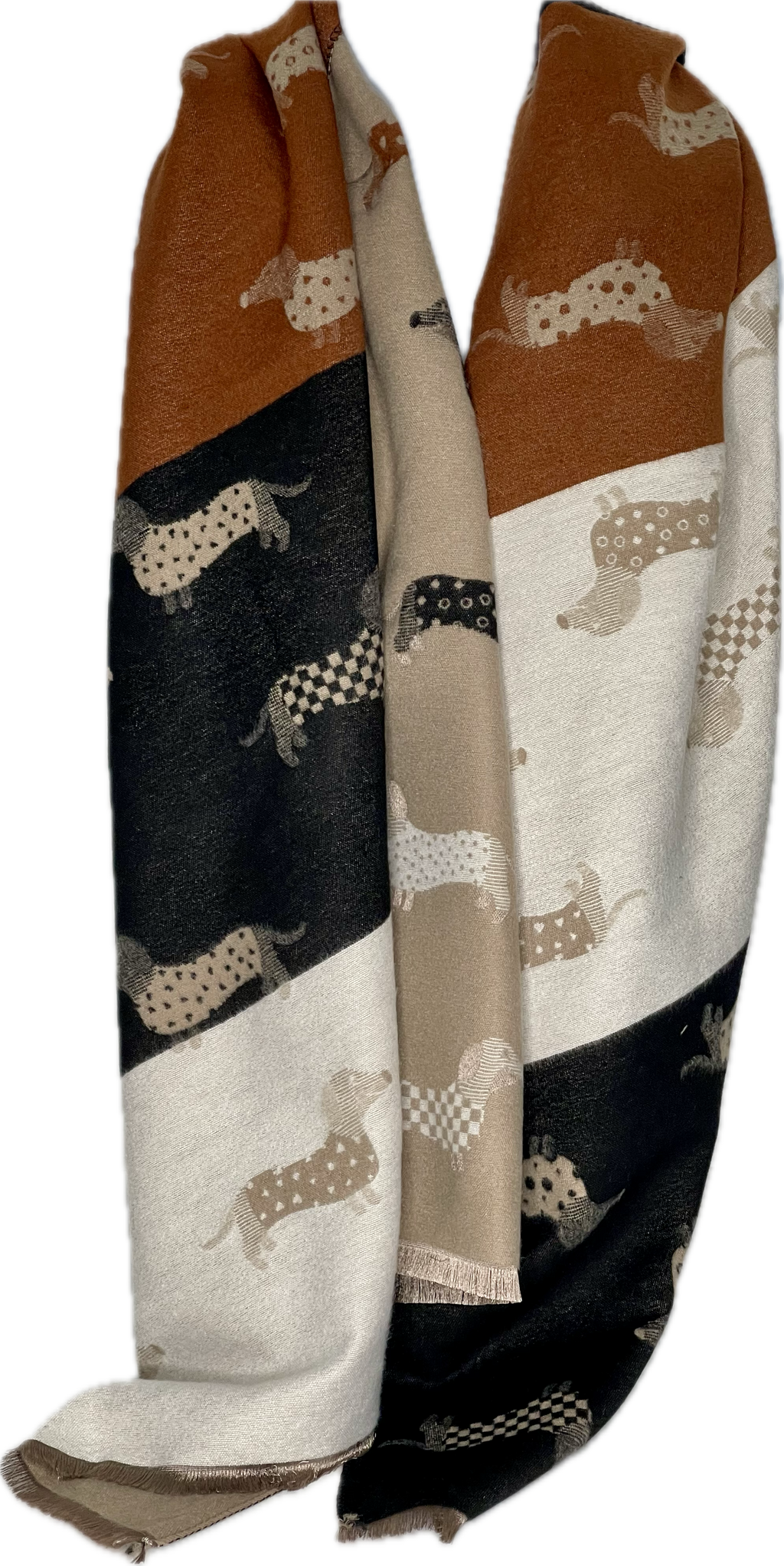 Tan, black, beige and cream dachshund/sausage dog print reversible scarf