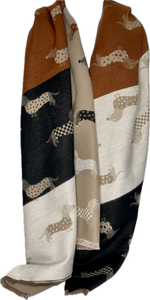 Tan, black, beige and cream dachshund/sausage dog print reversible scarf