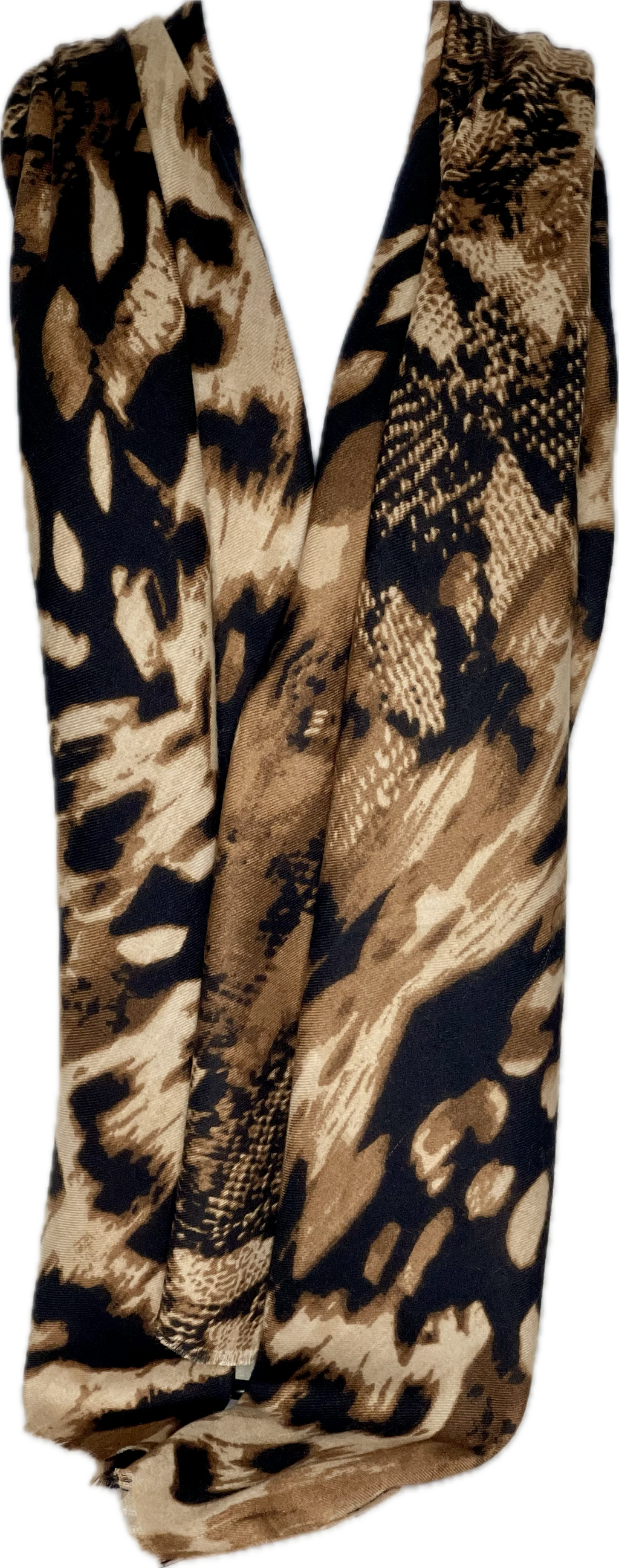 Super soft, wool-mix, camel, cream, brown and black animal print scarf