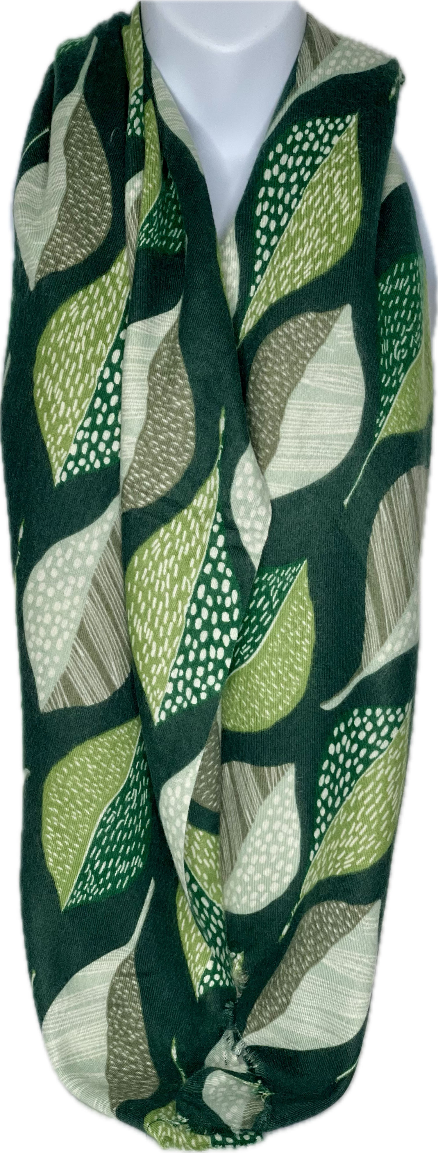 Super soft, wool-mix, green, grey and white leaf printed scarf