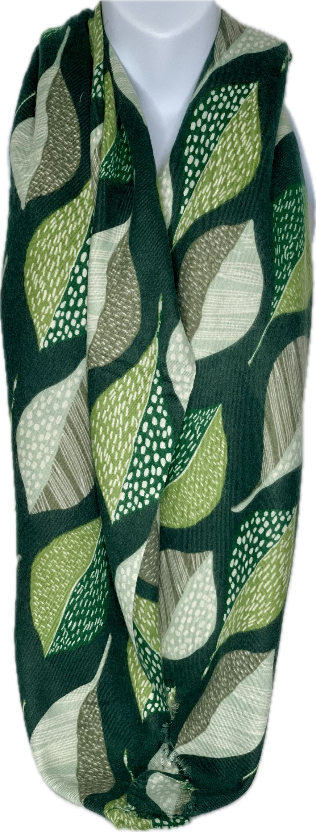 Super soft, wool-mix, green, grey and white leaf printed scarf