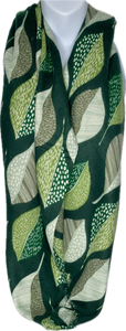 Super soft, wool-mix, green, grey and white leaf printed scarf