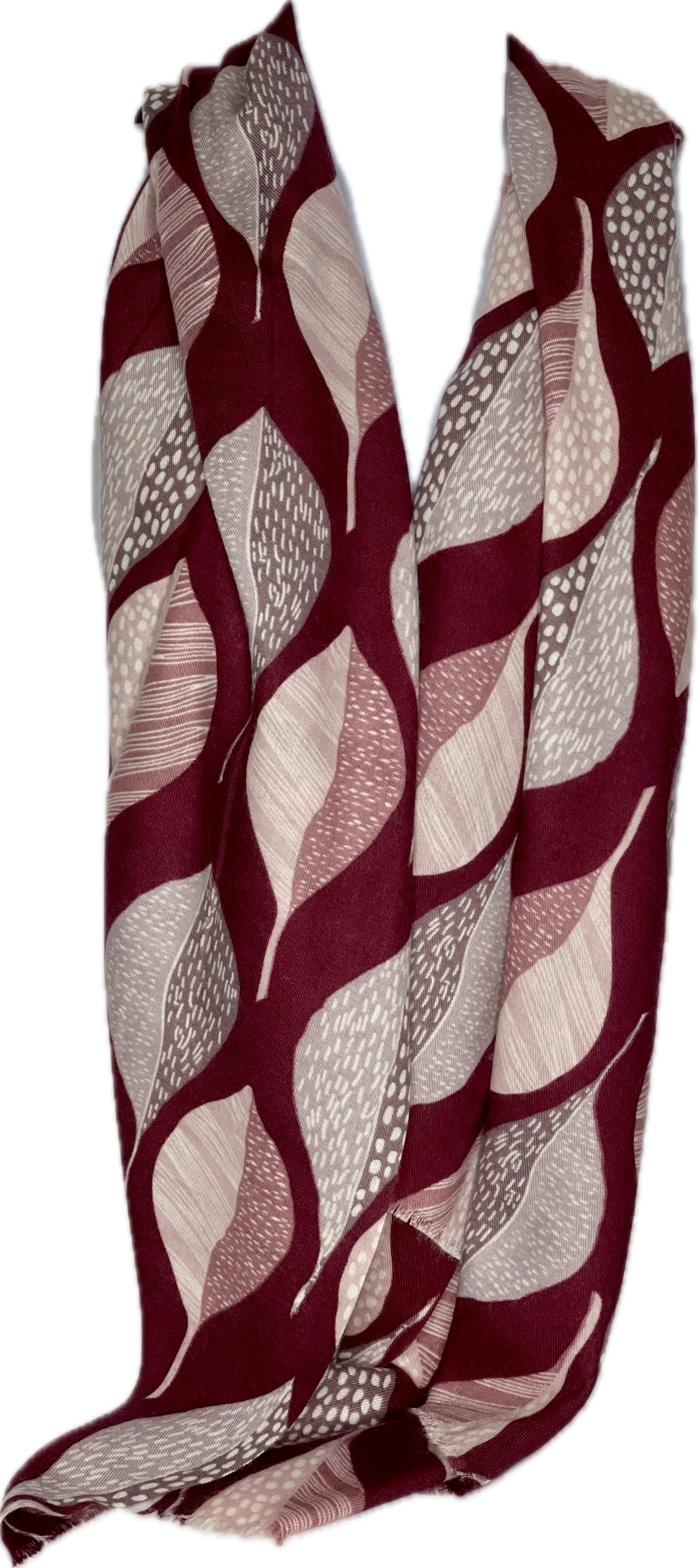 Super soft, wool-mix, red wine, grey and white leaf printed scarf