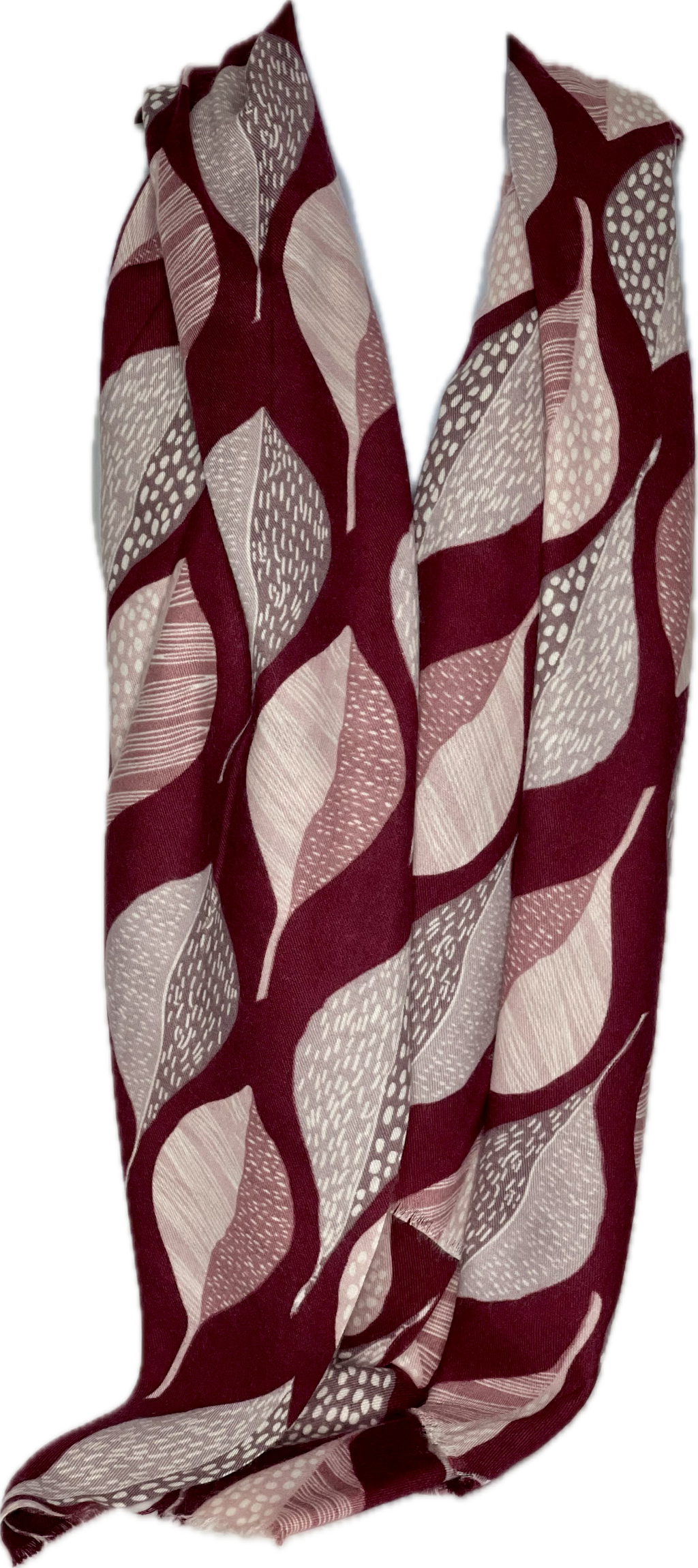 Super soft, wool-mix, red wine, grey and white leaf printed scarf