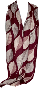 Super soft, wool-mix, red wine, grey and white leaf printed scarf