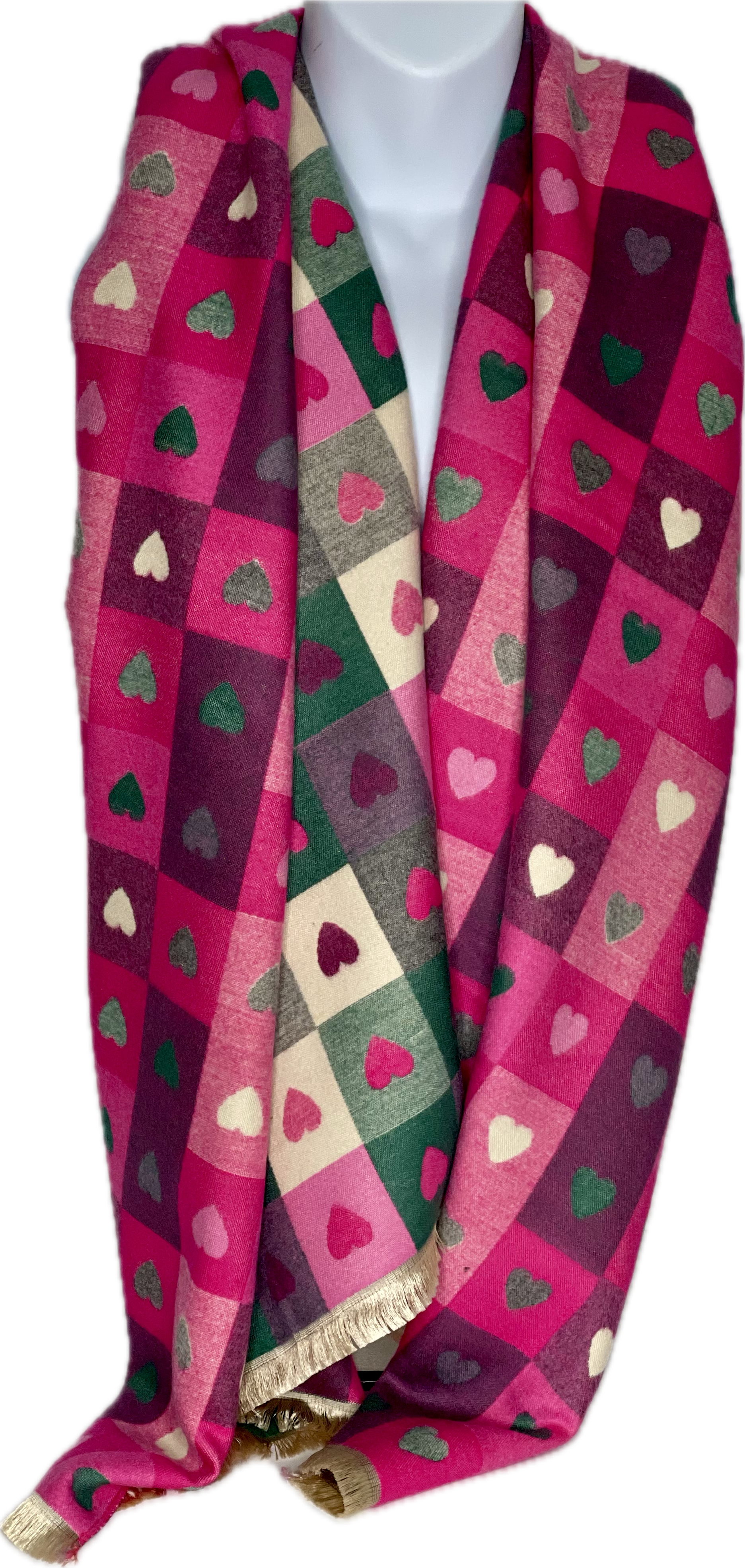 Super soft, wool blend, reversible, pink, cream and green checkered heart print scarf