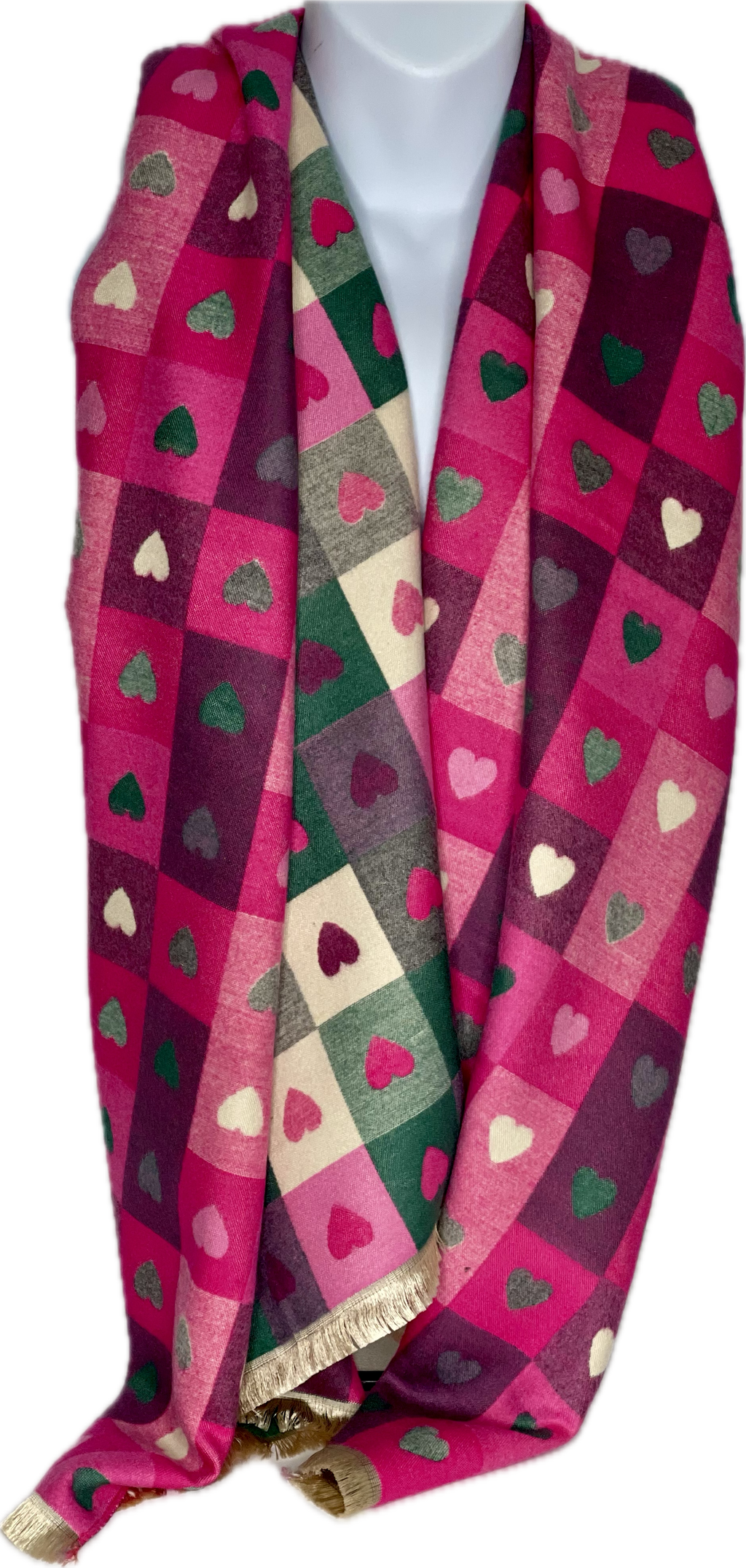 Super soft, wool blend, reversible, pink, cream and green checkered heart print scarf