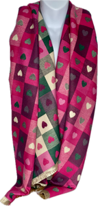 Super soft, wool blend, reversible, pink, cream and green checkered heart print scarf