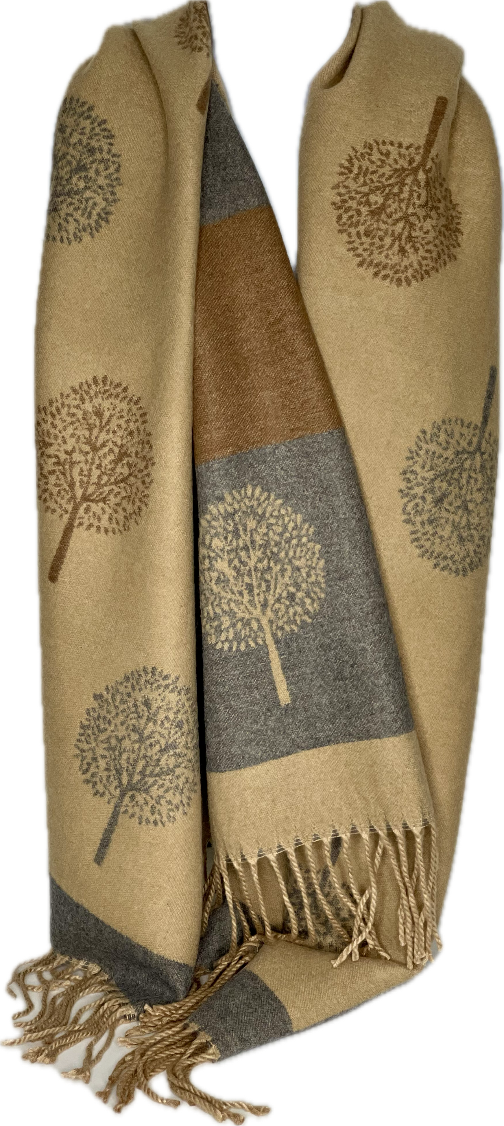 Super soft, cashmere blend, striped reversible tree of life print scarf in camel, tan and grey