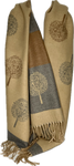 Super soft, cashmere blend, striped reversible tree of life print scarf in camel, tan and grey
