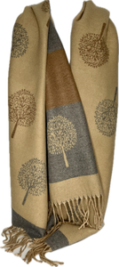 Super soft, cashmere blend, striped reversible tree of life print scarf in camel, tan and grey