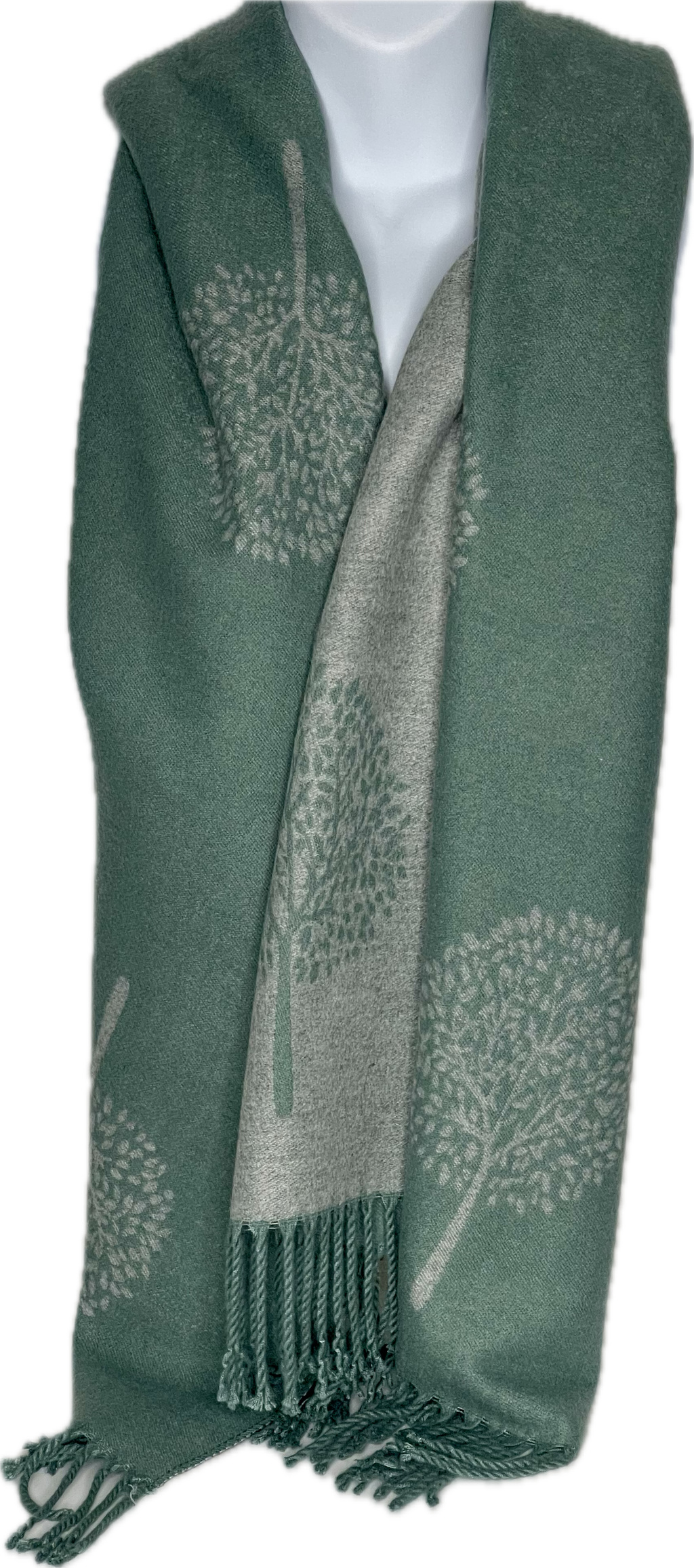 Super soft, cashmere blend, reversible tree of life print scarf in sage green and grey