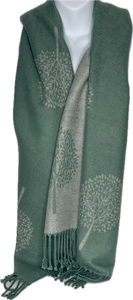 Super soft, cashmere blend, reversible tree of life print scarf in sage green and grey