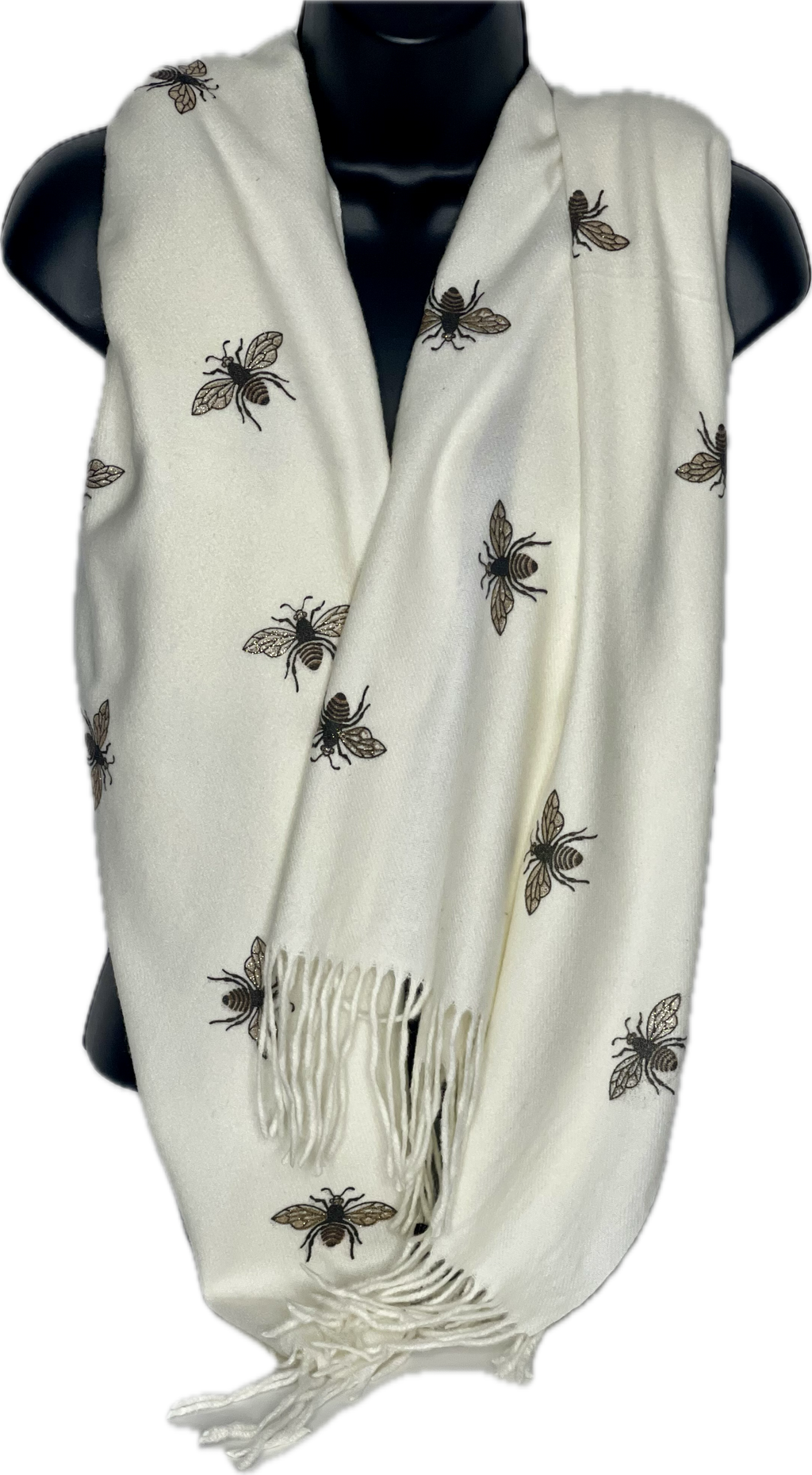 Super soft, cashmere blend, winter white glitter bee print scarf