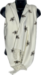 Super soft, cashmere blend, winter white glitter bee print scarf