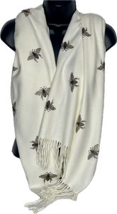 Super soft, cashmere blend, winter white glitter bee print scarf