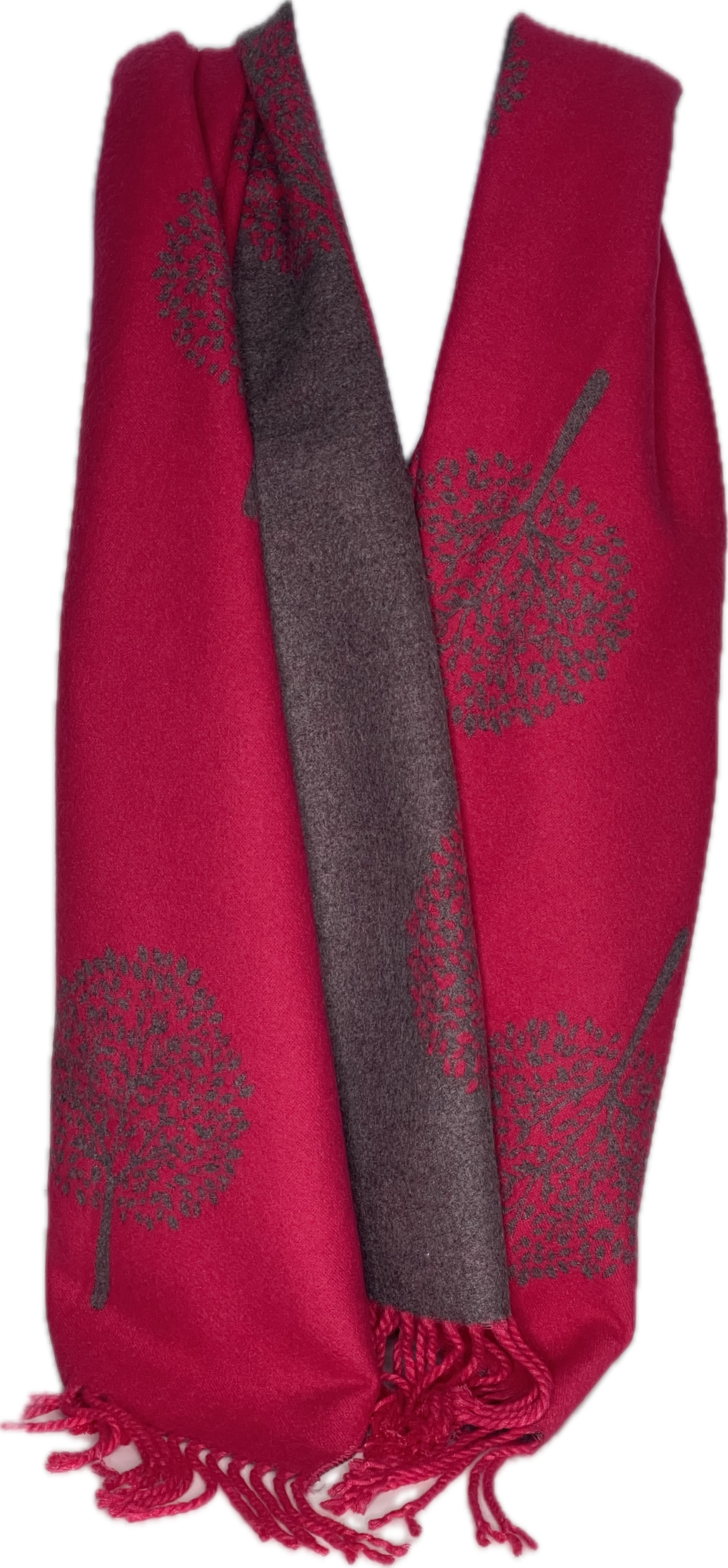 Super soft, cashmere blend, reversible tree of life print scarf in fuchsia and grey
