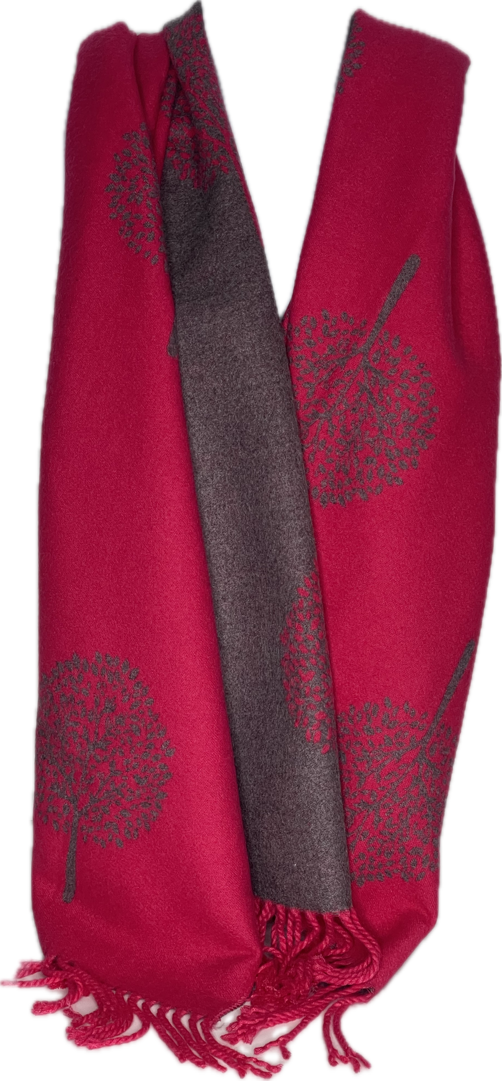Super soft, cashmere blend, reversible tree of life print scarf in fuchsia and grey