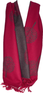 Super soft, cashmere blend, reversible tree of life print scarf in fuchsia and grey