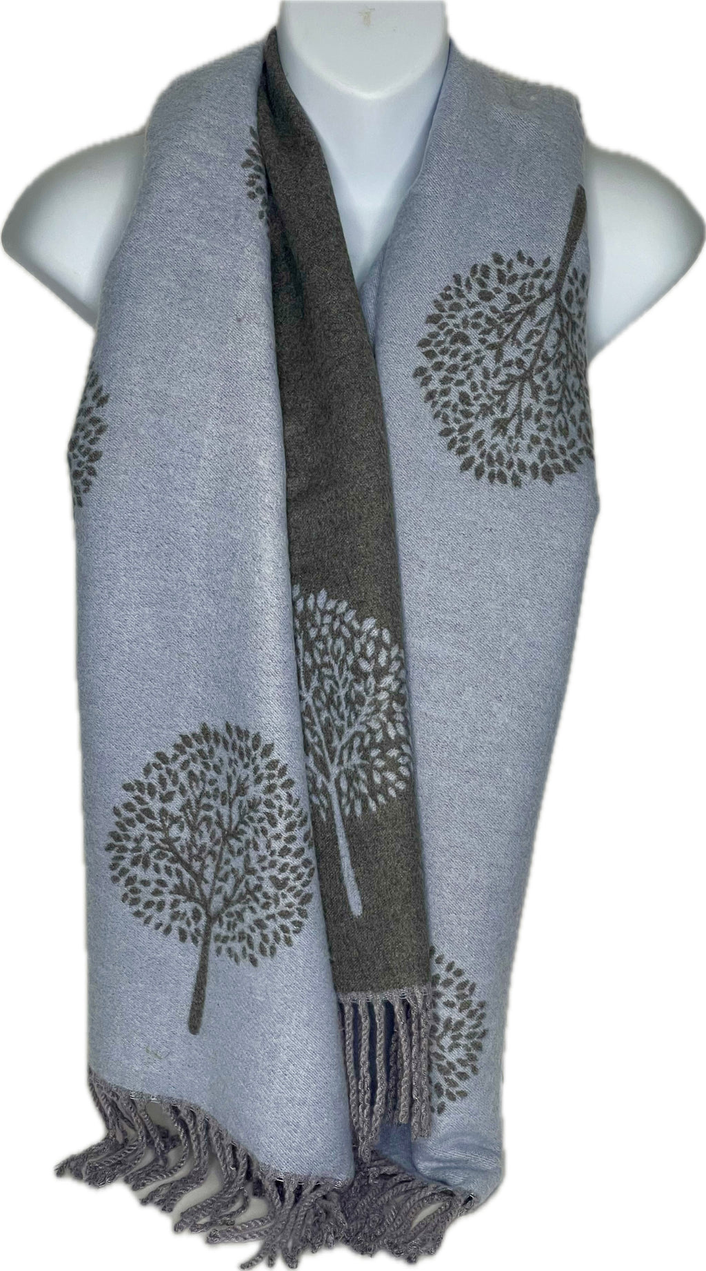 Super soft, cashmere blend, reversible tree of life print scarf in pale blue and grey