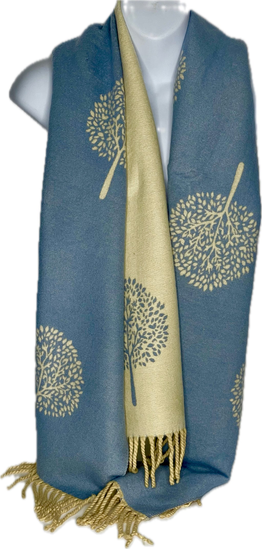 Super soft, cashmere blend, reversible tree of life print scarf in blue and cream