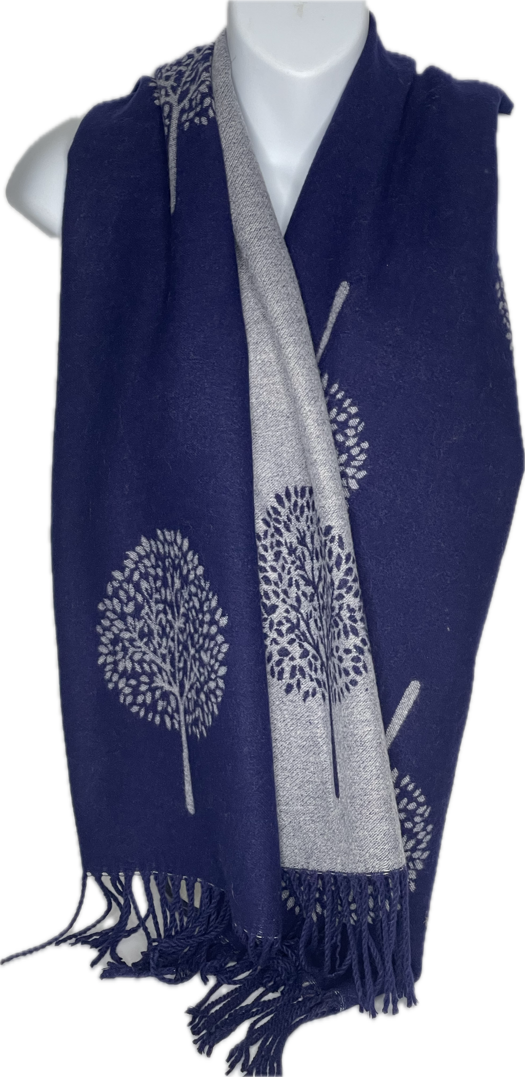 Super soft, cashmere blend, reversible tree of life print scarf in navy and grey