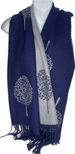Super soft, cashmere blend, reversible tree of life print scarf in navy and grey