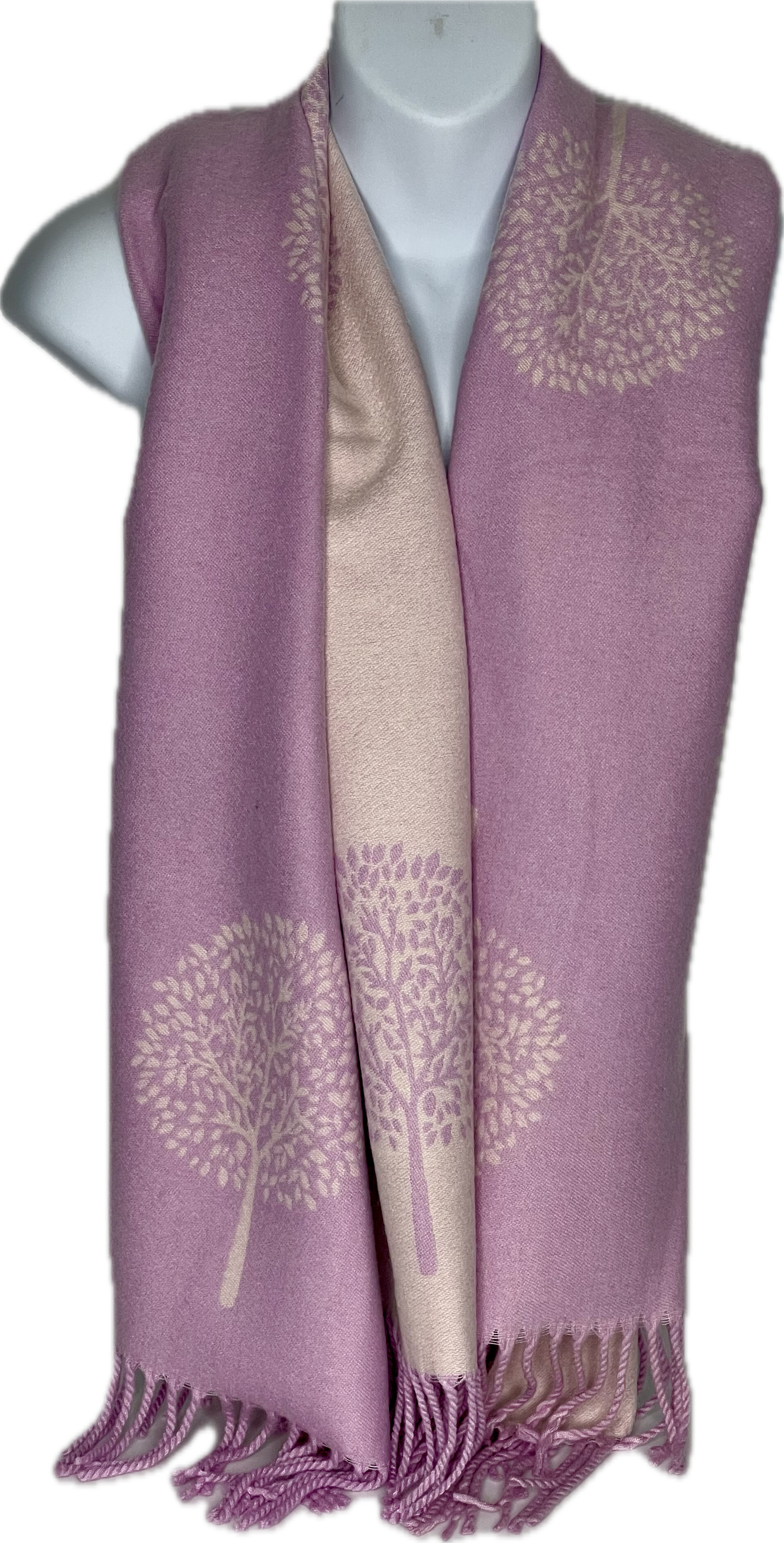 Super soft, cashmere blend, reversible tree of life print scarf in pink and cream